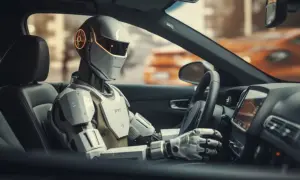Robot siedzi za kierownicą, jego dłonie spoczywają na kierownicy. W tle widać pomarańczowy samochód. To przyszłość transportu, gdzie magistrala lin. jest sterowana przez sztuczną inteligencję.