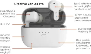 Słuchawki Creative Zen Air Pro z technologią Bluetooth LE Audio, hybrydową redukcją szumów i certyfikatem IPX5.