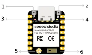 Płytka rozwojowa XIAO-ESP32-C6 z oznaczeniami portów i wskaźników.