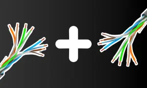 Dwa rozplecione kable sieciowe, symbolizujące połączenie ethernet, połączone białym znakiem plus.