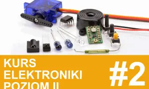 Różne rodzaje przycisków i elementów elektronicznych, takich jak serwomechanizm, diody, buzzery i czujniki, gotowe do użycia w kursie elektroniki.