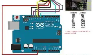 Schemat połączeń modułu bezprzewodowego z Arduino Uno. Projekt Arduino z kolorowymi przewodami łączącymi piny.