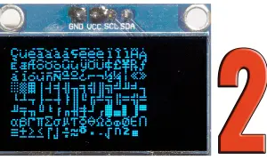 Niebieski wyświetlacz OLED z losowym ciągiem znaków, podłączony do Arduino. Obok duża, czerwona cyfra 2.