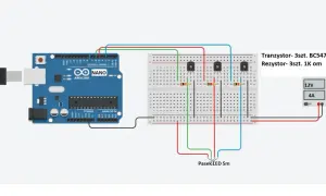 Schemat sterownika LED RGB z Arduino Nano, tranzystorami BC547B i rezystorami 1K om. Zasilanie 12V, 4A.