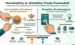 Schemat porównujący przycisk bistabilny i monostabilny. Ilustracje pokazują działanie obu typów przełączników, ich analogie (dzwonek do drzwi, włącznik światła) oraz przykłady (mikroprzycisk, przełącznik hebelkowy, kołyskowy, suwakowy, nożny).