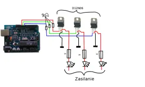 Schemat połączenia Arduino z tranzystorami D12N06 i diodami LED, wykorzystujący **arduino pwm** do sterowania jasnością.
