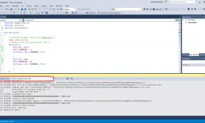 Kod programu w Microchip Studio, widoczny jest proces kompilacji i wgrywania na mikrokontroler AVR.