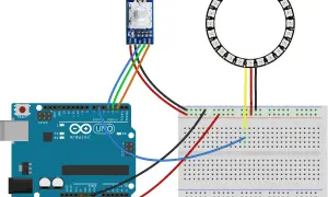 Schemat połączenia Arduino z enkoderem obrotowym i pierścieniem LED. Enkoder steruje pierścieniem.
