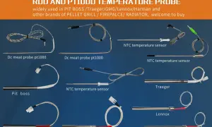Różnorodne czujniki temperatury, w tym czujniki PT100, do grilli i pieców.