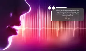 Usta wypowiadające słowa, na tle wykresu dźwięku. Tekst wyjaśnia, czym są decybele przykłady.