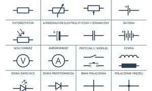 Schematyczne symbole elementów elektrycznych: rezystor, potencjometr symbol, kondensator, bateria, woltomierz, amperomierz, cewka, dioda.