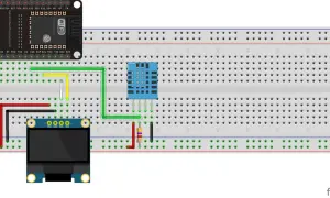 Układ do mierzenia temperatury i wilgotności z modułem ESP32 i sensorem DHT22.