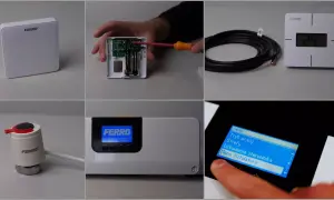 Biały sensor temperatury Ferro, jego wnętrze z bateriami, kabel, termostat i panel sterowania. To wszystko elementy systemu, który mierzy temperaturę.