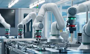 Roboty przemysłowe pracują nad płytkami drukowanymi. W tle widać zaawansowane **przetworniki pomiarowe**, kluczowe dla precyzyjnej produkcji.