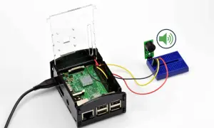 Raspberry Pi z podłączonym buzzerem przez GPIO. Dowiedz się, gpio co to i jak działa w praktyce.