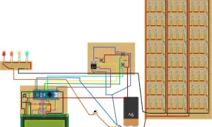 Schemat układu z Arduino Nano, wyświetlaczem LCD, przyciskami, diodami LED i tranzystorem IRFZ44N.