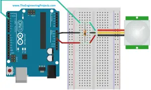 Połączenie Arduino z modułem PIR. Czujnik ruchu PIR podłączony do Arduino Uno przez płytkę stykową.