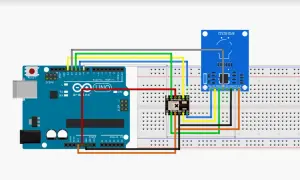 Połączenie Arduino z modułem RFID-RC522 przez konwerter poziomów logicznych.