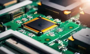 Zbliżenie na zieloną płytkę drukowaną z centralnym, czarnym procesorem otoczonym złotymi elementami. Widoczny montaż PCB z licznymi komponentami elektronicznymi.