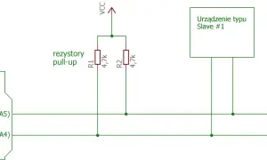 Schemat połączeń Arduino z dwoma urządzeniami slave przez magistralę I2C. Widoczne rezystory pull-up.