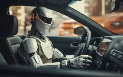 Robot siedzi za kierownicą, jego dłonie spoczywają na kierownicy. W tle widać pomarańczowy samochód. To przyszłość transportu, gdzie magistrala lin. jest sterowana przez sztuczną inteligencję.