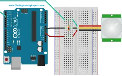 Połączenie Arduino z modułem PIR. Czujnik ruchu PIR podłączony do Arduino Uno przez płytkę stykową.