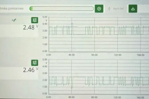 Na ekranie oscyloskopu widać dwie linie pomiarowe, CH1 i CH2, z wartościami 2.48V i 2.46V. Wykresy pokazują sygnały cyfrowe w ramce.