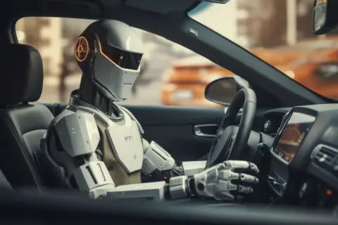 Robot siedzi za kierownicą, jego dłonie spoczywają na kierownicy. W tle widać pomarańczowy samochód. To przyszłość transportu, gdzie magistrala lin. jest sterowana przez sztuczną inteligencję.
