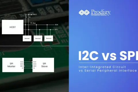 Porównanie protokołów I2C vs SPI: schematy blokowe magistrali I2C z HOST i urządzeniami oraz połączenia SPI Master-Slave.