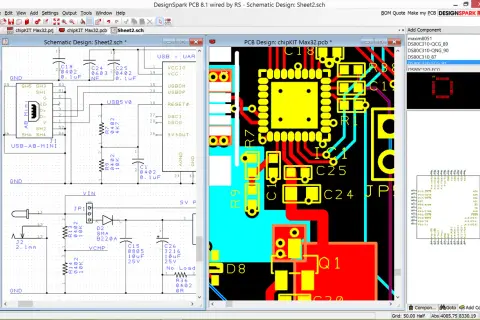 Projektowanie płytki drukowanej w **DesignSpark PCB**. Schemat i widok 3D płytki.