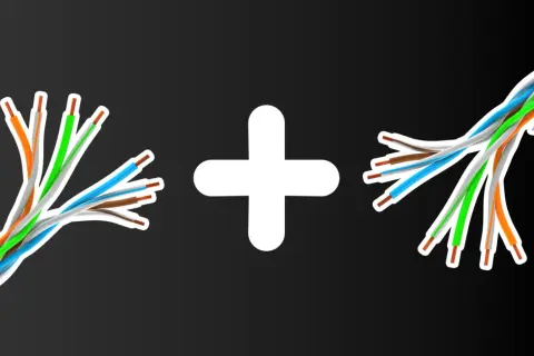 Dwa rozplecione kable sieciowe, symbolizujące połączenie ethernet, połączone białym znakiem plus.