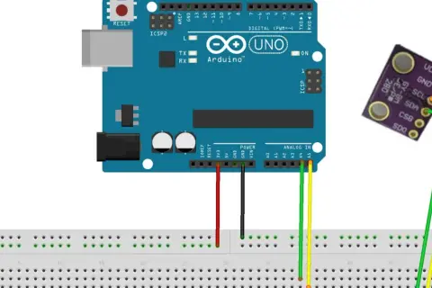 Arduino Uno z modułem BME280, połączony przewodami do płytki stykowej.