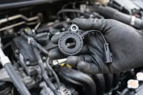 Ręka w czarnej rękawiczce trzyma nowy knock sensor, gotowy do montażu w silniku samochodu.