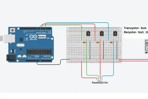 Schemat sterownika LED RGB z Arduino Nano, tranzystorami BC547B i rezystorami 1K om. Zasilanie 12V, 4A.