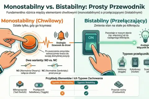 Schemat porównujący przycisk bistabilny i monostabilny. Ilustracje pokazują działanie obu typów przełączników, ich analogie (dzwonek do drzwi, włącznik światła) oraz przykłady (mikroprzycisk, przełącznik hebelkowy, kołyskowy, suwakowy, nożny).