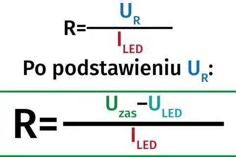 Obliczenia pokazują, jak podłączyć rezystor do żarówki LED, uwzględniając napięcie zasilania i LED.