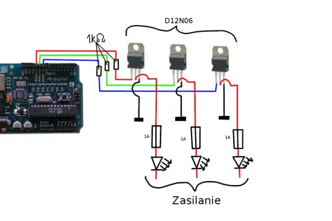 Schemat połączenia Arduino z tranzystorami D12N06 i diodami LED, wykorzystujący **arduino pwm** do sterowania jasnością.