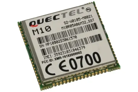 Moduł telekomunikacyjny Quectel M10 z oznaczeniami SN, IMEI i FCC ID.
