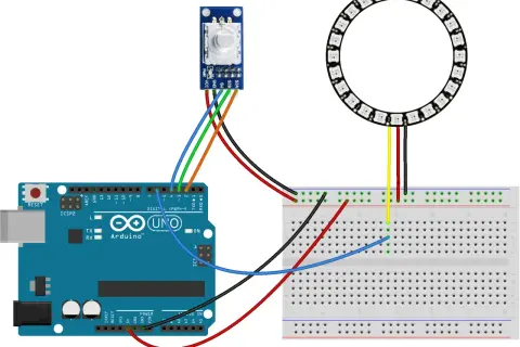 Schemat połączenia Arduino z enkoderem obrotowym i pierścieniem LED. Enkoder steruje pierścieniem.