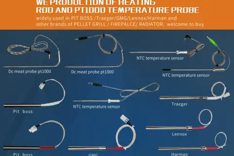 Różnorodne czujniki temperatury, w tym czujniki PT100, do grilli i pieców.