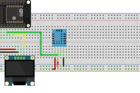 Układ do mierzenia temperatury i wilgotności z modułem ESP32 i sensorem DHT22.