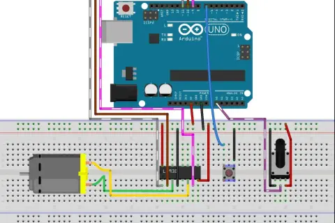 Schemat połączeń z Arduino Uno, mostkiem H L293D, silnikiem DC, przyciskiem i potencjometrem.