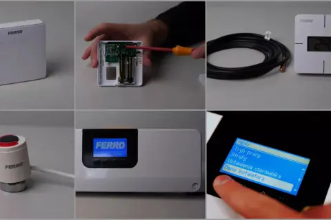 Biały sensor temperatury Ferro, jego wnętrze z bateriami, kabel, termostat i panel sterowania. To wszystko elementy systemu, który mierzy temperaturę.