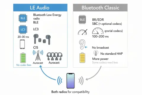Porównanie LE Audio i Bluetooth Classic. LE Audio oferuje niski pobór mocy, niski czas opóźnienia (20-30 ms) i Auracast. To pokazuje, co to jest Bluetooth w nowoczesnej odsłonie.