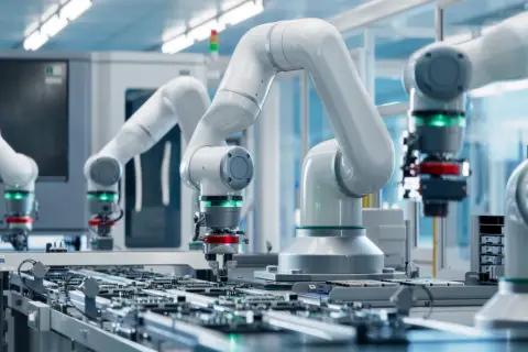 Roboty przemysłowe pracują nad płytkami drukowanymi. W tle widać zaawansowane **przetworniki pomiarowe**, kluczowe dla precyzyjnej produkcji.
