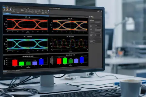 Analiza sygnału na monitorze, z wykresem SPI - HF i I2C - Standard, pokazująca parametry interfejsu.