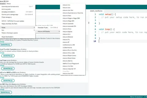 Wybór płytki Arduino Uno w Arduino IDE 2.0.4.
