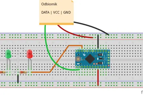 Układ z Arduino Mini i odbiornikiem 433MHz na płytce stykowej, z diodami LED i rezystorami.