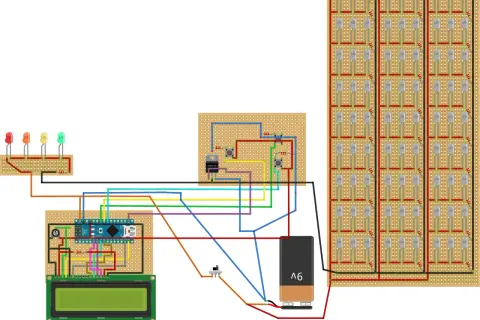Schemat układu z Arduino Nano, wyświetlaczem LCD, przyciskami, diodami LED i tranzystorem IRFZ44N.