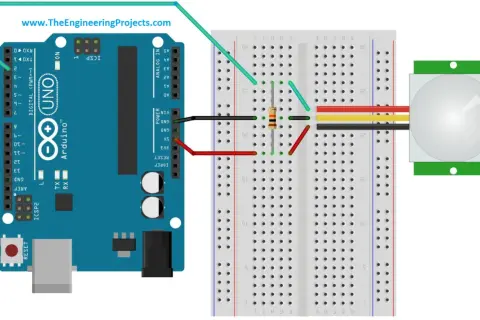 Połączenie Arduino z modułem PIR. Czujnik ruchu PIR podłączony do Arduino Uno przez płytkę stykową.